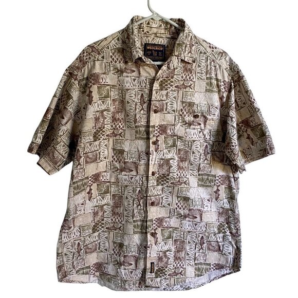 Woolrich Short Sleeve Button Down Cotton Shirt with Fish Mens Large - Picture 2 of 13